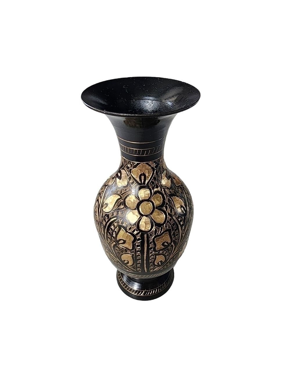Vintage Indian Brass bud vase etched gold black floral design - Picture 2 of 15